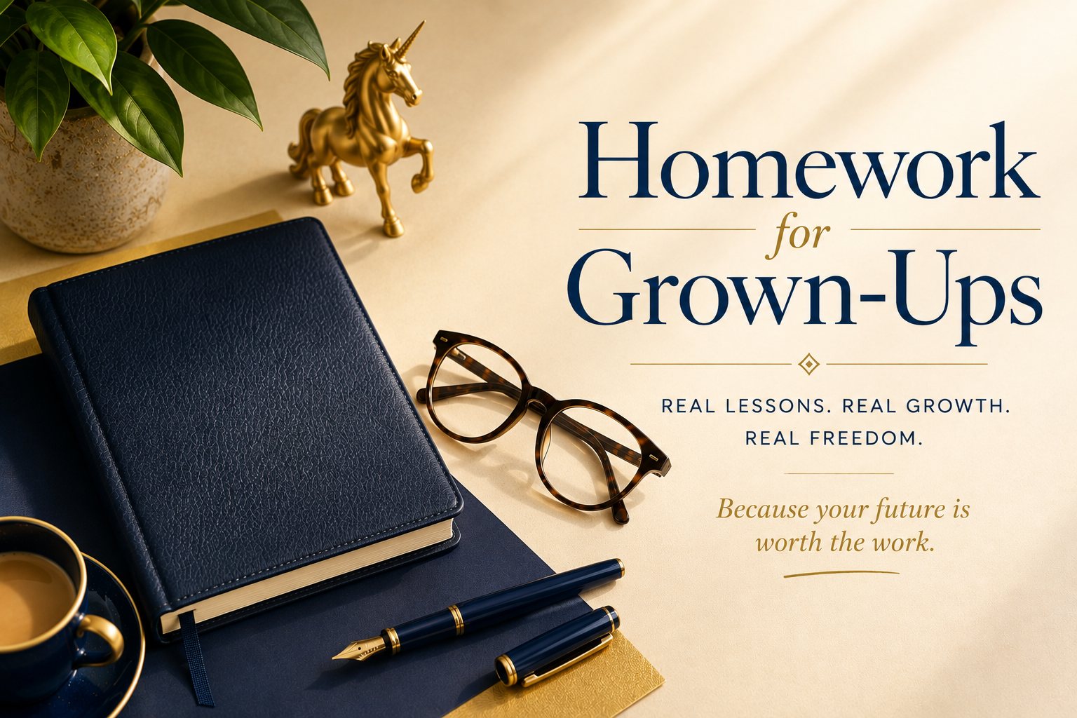 Homework for Grown-Ups — a navy leather journal, reading glasses and a fountain pen on a desk beside a small gold unicorn